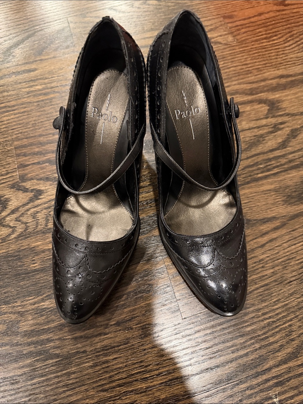 Paolo Black Brogue Mary Jane Pointed Toe Heels